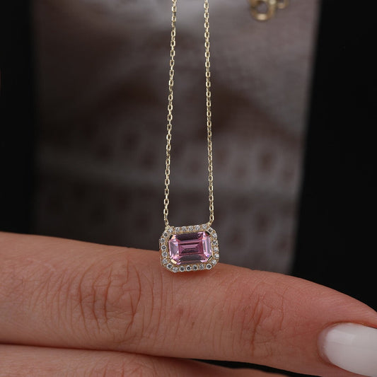 14K Gold Pink Tourmaline Emerald Halo Necklace - Stunning Gemstone Jewelry for a Touch of Elegance