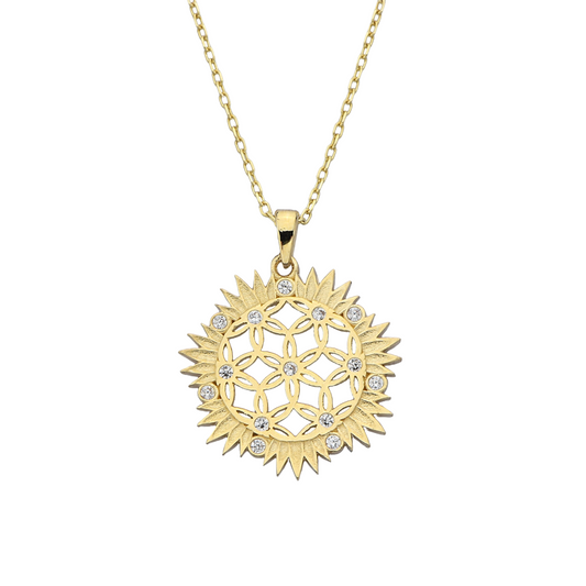 14K Solid Gold Cz Flower Of Life Pendant