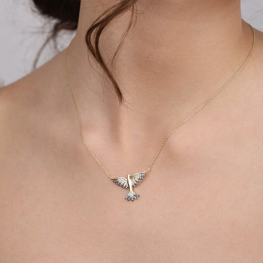 14K Yellow Gold Aquamarine Phoenix Bird Necklace For Women