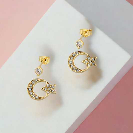 14K Gold Moon Star Dangle Earrings