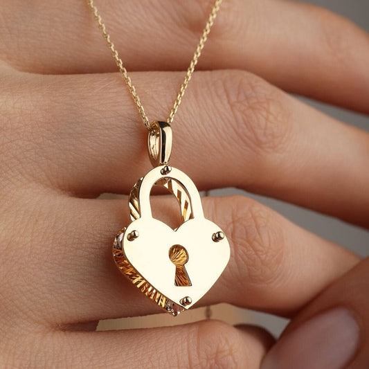 14K Yellow Gold Heart Lock Necklace