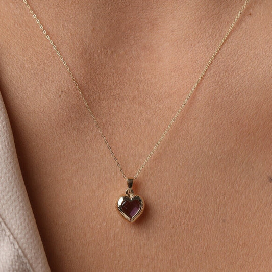 14K Gold Heart Shaped Amethyst Necklace