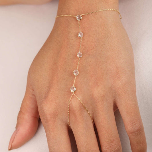 Elevate Your Style with our 14K Yellow Gold Station Stone Hand Chain Bracelet for Women