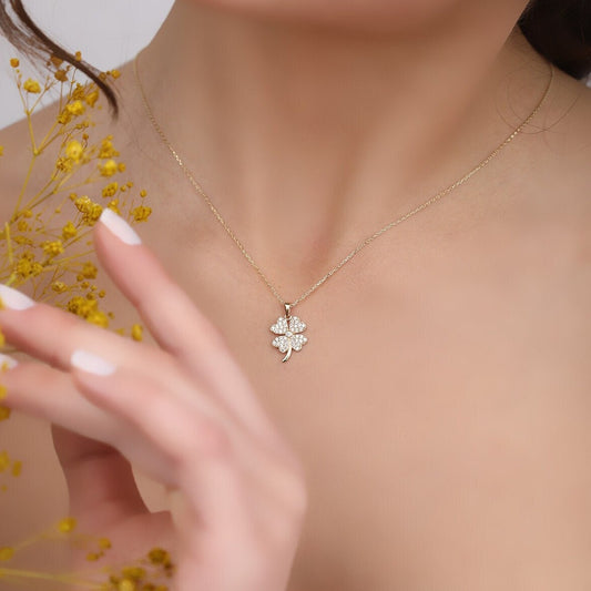 Elevate Your Style with our 14K Gold Shamrock Clover Necklace - Full CZ Pave Four Leaf Flower Necklace. A Dainty Clover for Luck
