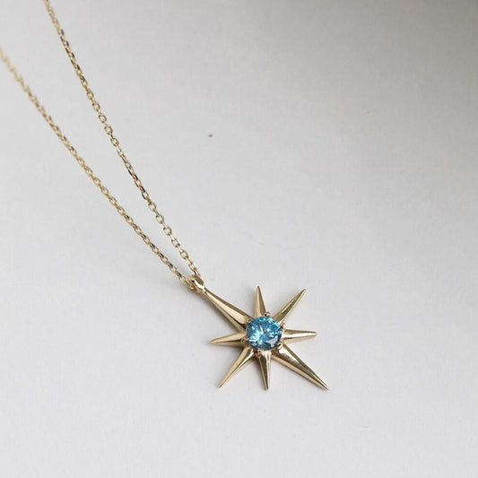 14K Real Gold Blue Topaz North Star Necklace- Polaris Birthstone Celestial Jewelry-Cz Bluestone Star Layering Necklace -Valentine's Day Gift