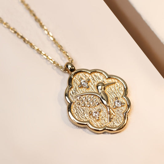 14K Real Gold Medallion Hummingbird Pendant-Swallow Coin Necklace -Medallion Hummingbird Necklace-Vintage Bird Pendant- Valentine's Day Gift
