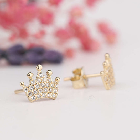14K Gold Cz Crown Stud  Earrings