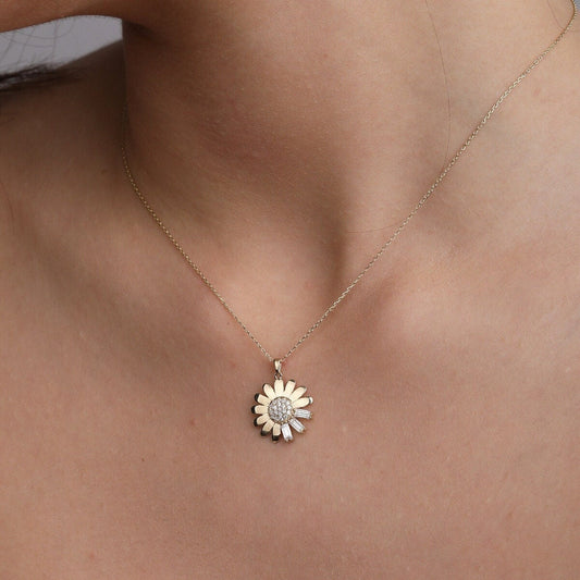 14K Yellow Gold  Cz  Daisy  Sunflower Necklace For Women