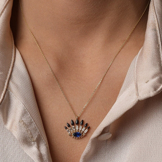 14K Gold Blue Evil Eye with Lashes Necklace - CZ Evil Eye Layering Necklace - Stylish Evil Eye Jewelry for Anniversary or Birthday Gift