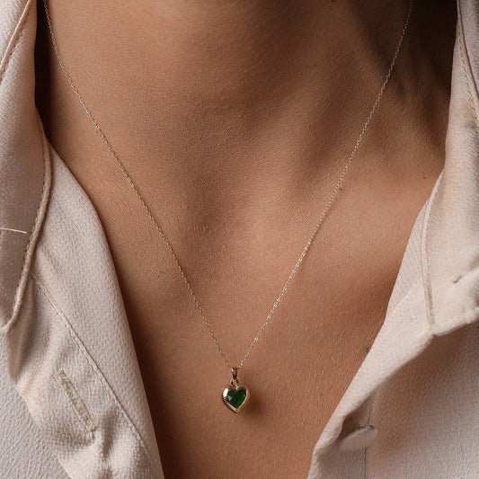 14K Gold Green Stone Heart Necklace