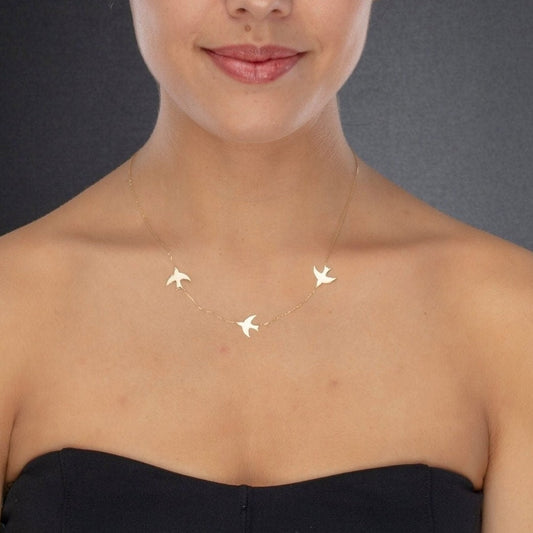 14K Solid Gold Triple Fly Bird Necklace For Women